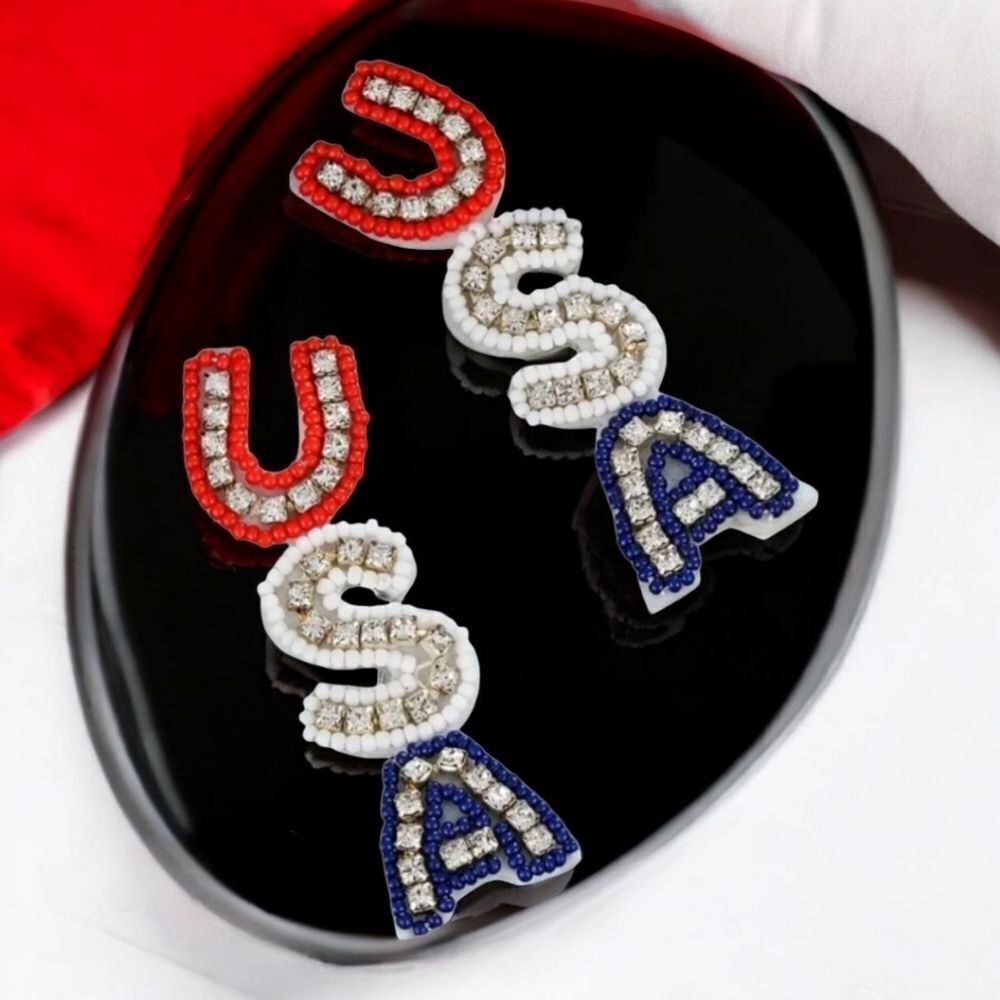 USA Earrings Beaded Shaped Patriotic American Red White Blue Glass Beads America